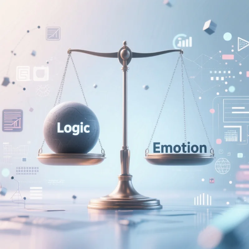 一个概念性的天平,一端是“逻辑”另一端是“情感”,逻辑一端更重,象征着平衡和客观的决策。